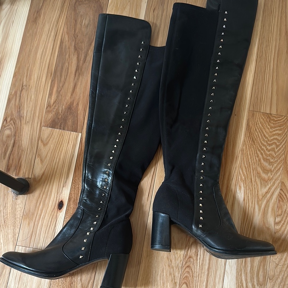 Black Studded Knee-High Women's leather Boots